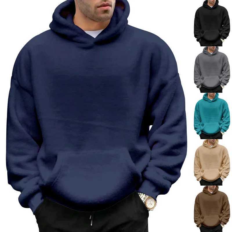 Autumn Winter New Fashion Hoodies Long Sleeve Solid Lamb Wool Sweatshirts Mens Clothing Casual Loose Pockets Korean Trend Tops X241228