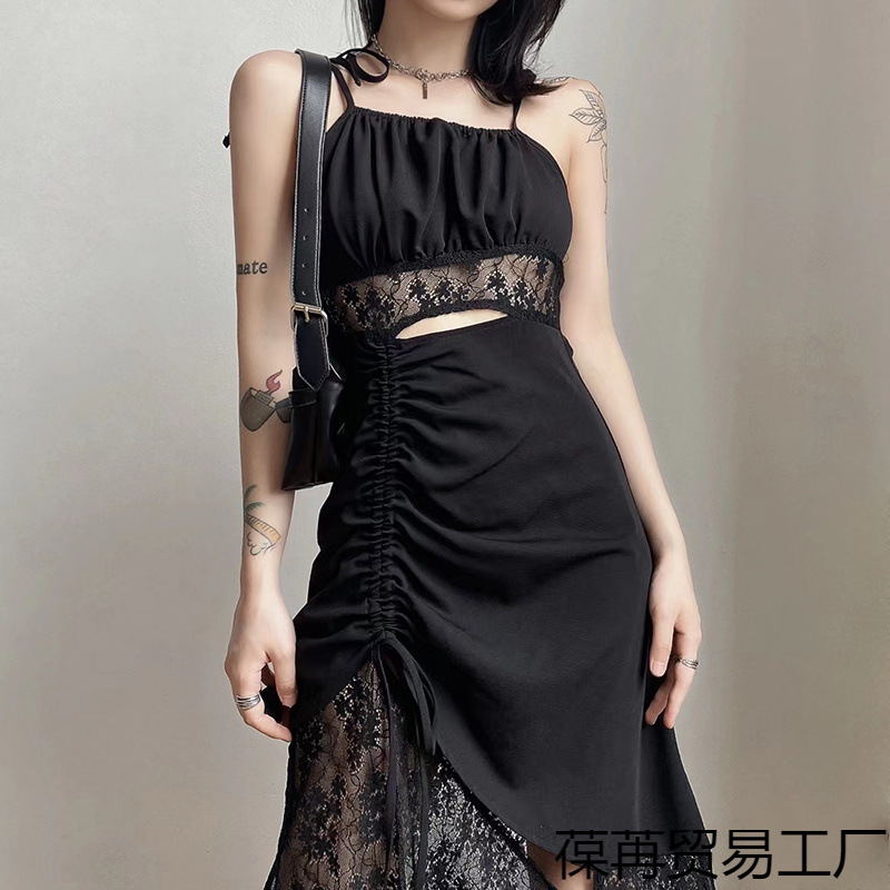 S160 Lace splicing suspender dress for women, backless, slim, hollow, pleated, waist-hugging chic long dress
