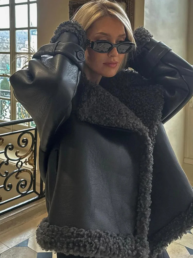 Casual Winter Warm Sherpa Jackets Fashion Spliced Sheepskin Long Sleeve Lace Up Cropped Outerwears Lady Street Clothing 241227