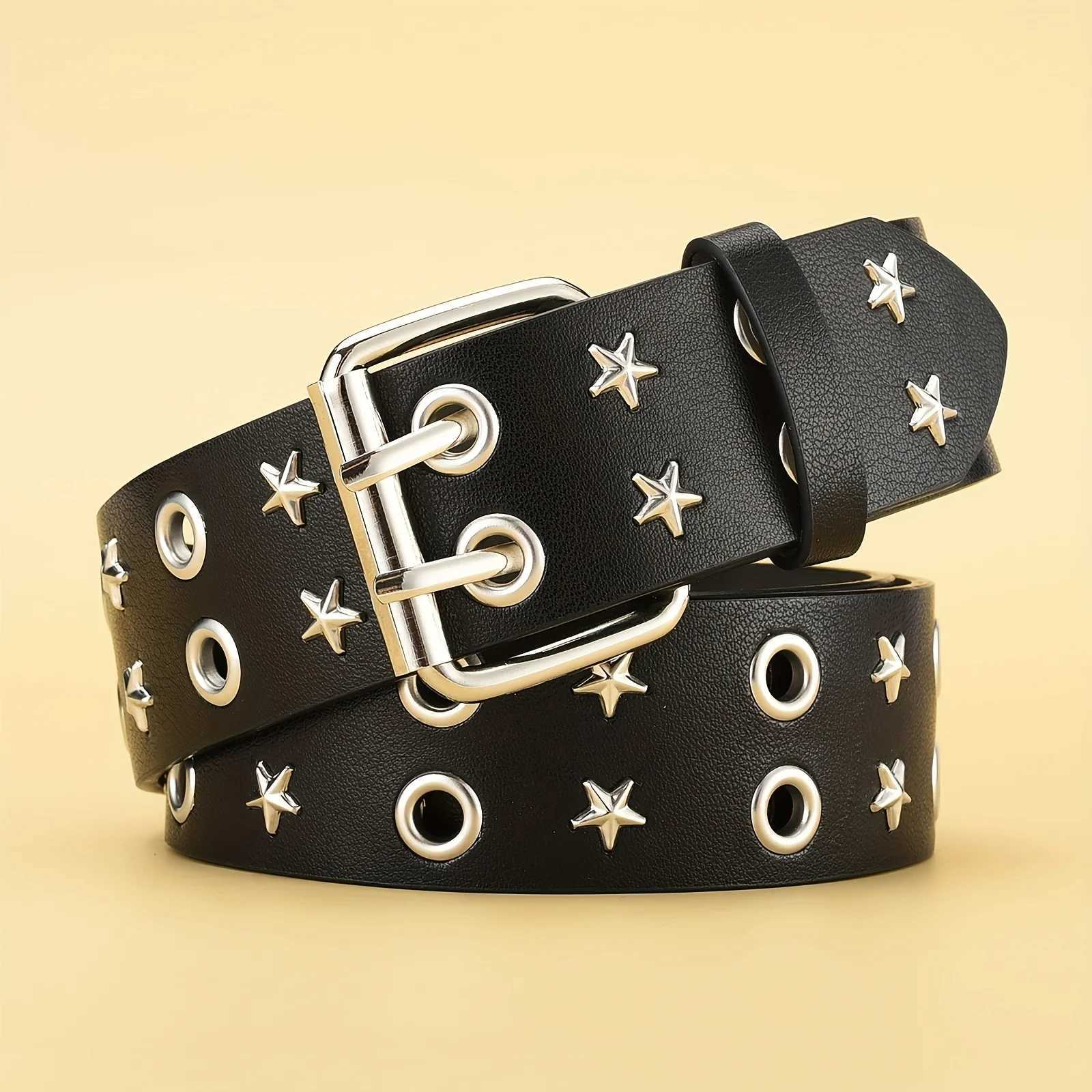 Pentagonal Star Rivet Womens Belt Double Row Needle Buckle Fashion Mens Belt Leather Belt Hip Hop Punk Rock Style Jeans Belt W241228