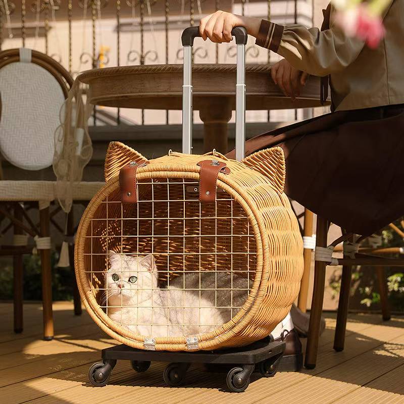 Rattan weaving Durable Wheel-Equipped Animal Transport Tote - Ideal for Carrying Cats or Dogs under 20lbs Easily during Travels