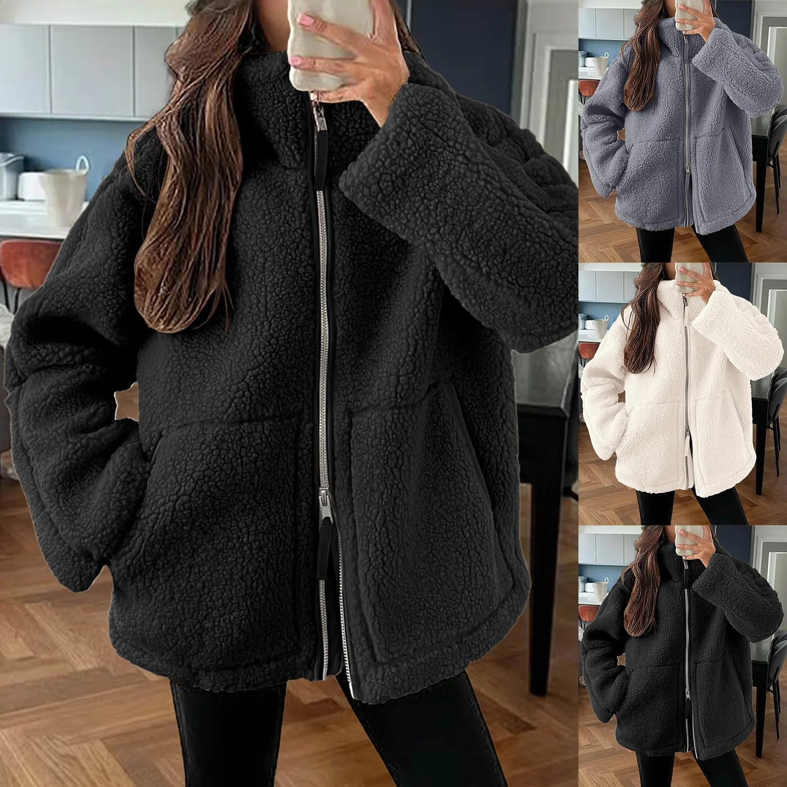 Womens Fuzzy Fleece Jacket Casual Long Sleeve Oversized Sherpa Warm Coats Double Zip Winter Teddy Outwear With Pocket Jackets 241227