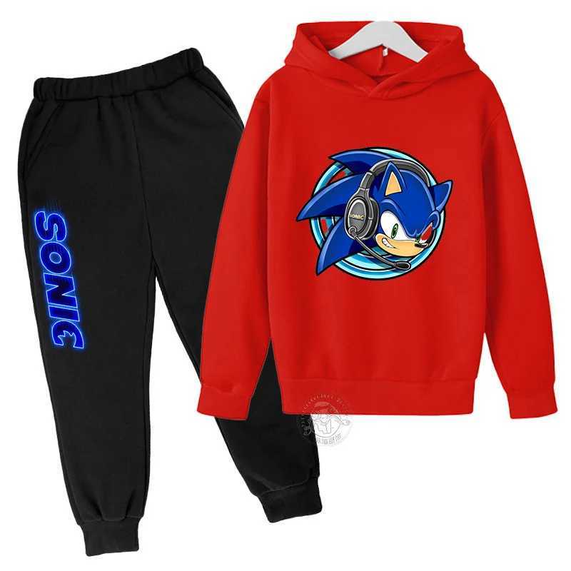 Childrens Anime Cartoon Sonic -Letter Printed Autumn/Winter Warm Two Piece Hoodie+Pants Sports Set for Boys and Girls Aged 3-13 X241228