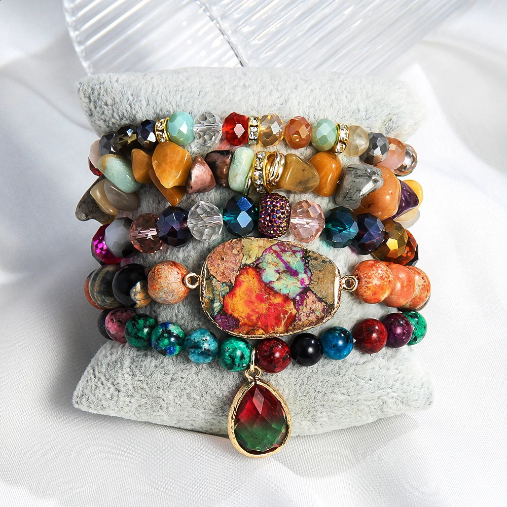 Summer Fashion Bohemian Style Natural Stone Glass Beaded Elastic Bracelet Flat Emperor Stone Charm 5pcs Stacked Bracelet Set 241227