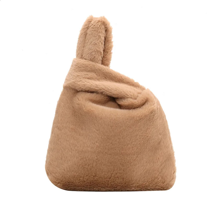 Soft Plush Ladies Wrist Purse Warm Faux Fur Small Tote Bag Winter Fluffy Women Handbag Solid Furry Quality 241226Z