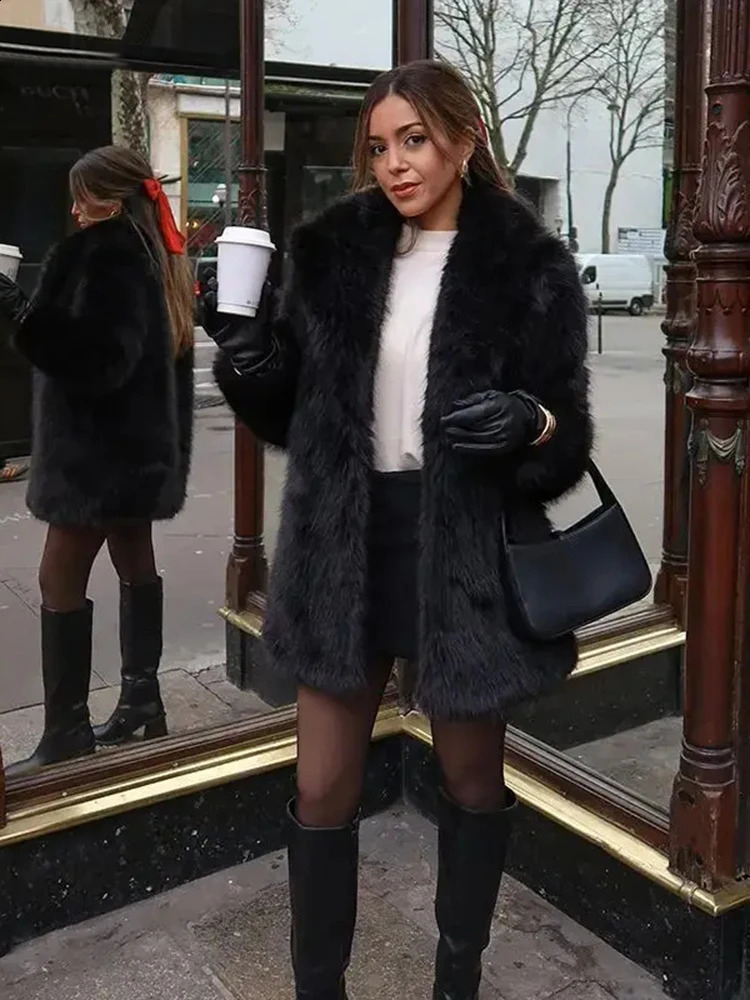 Black Thick Faux Fur Coat Vintage Loose Lapel Singlebreasted Plush Fashion Female Winter Versatile Warm Streetwear 241223