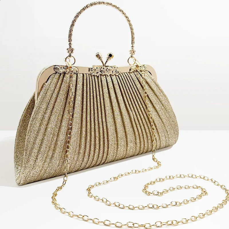 High Quality Women Evening Bag Vintage Elegant Party Ruched Clutch Purse Bags Night Wedding Gold Crossbody for Handbag 241227