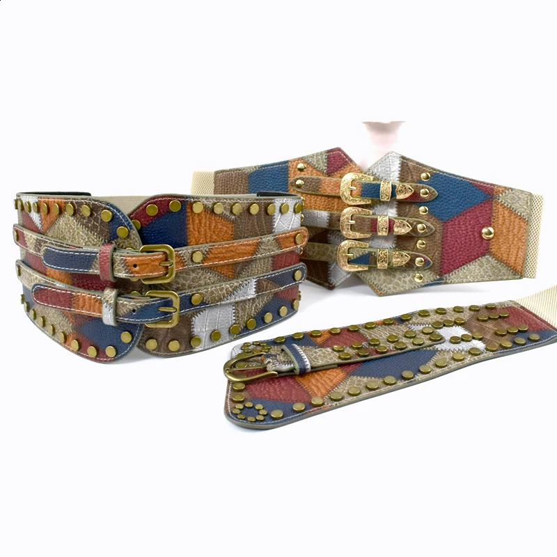 Deepeel 70cm Fashion Retro Rivet Cummerbund Pin Buckle Wide Belt Women Decorative Corset Dress Shirt Female Elastic Waistband 241227