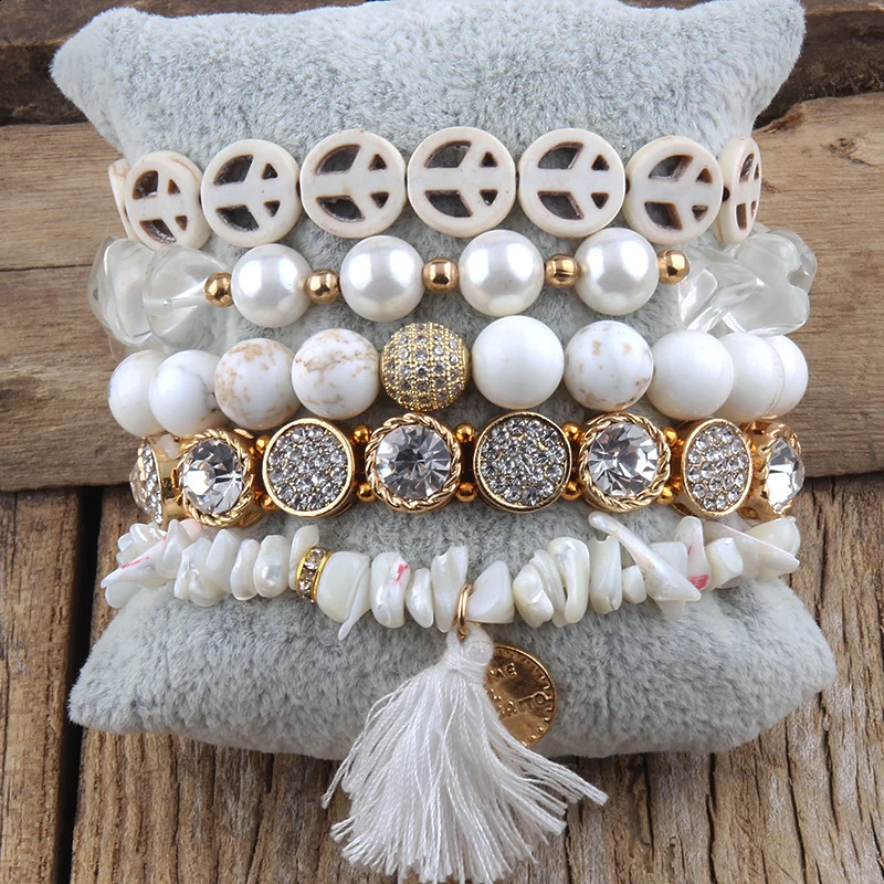 Fashion Boho Jewelry Set Black 5pc Black Natural Stone Stack Bracelet Sets For Women Bohemian Jewelres Gift Friends Birthday 241227