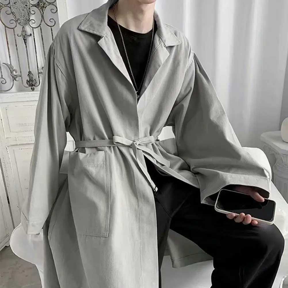 Mens long trench coat with lapel breathable windproof thin solid color mens spring and autumn coat W241228