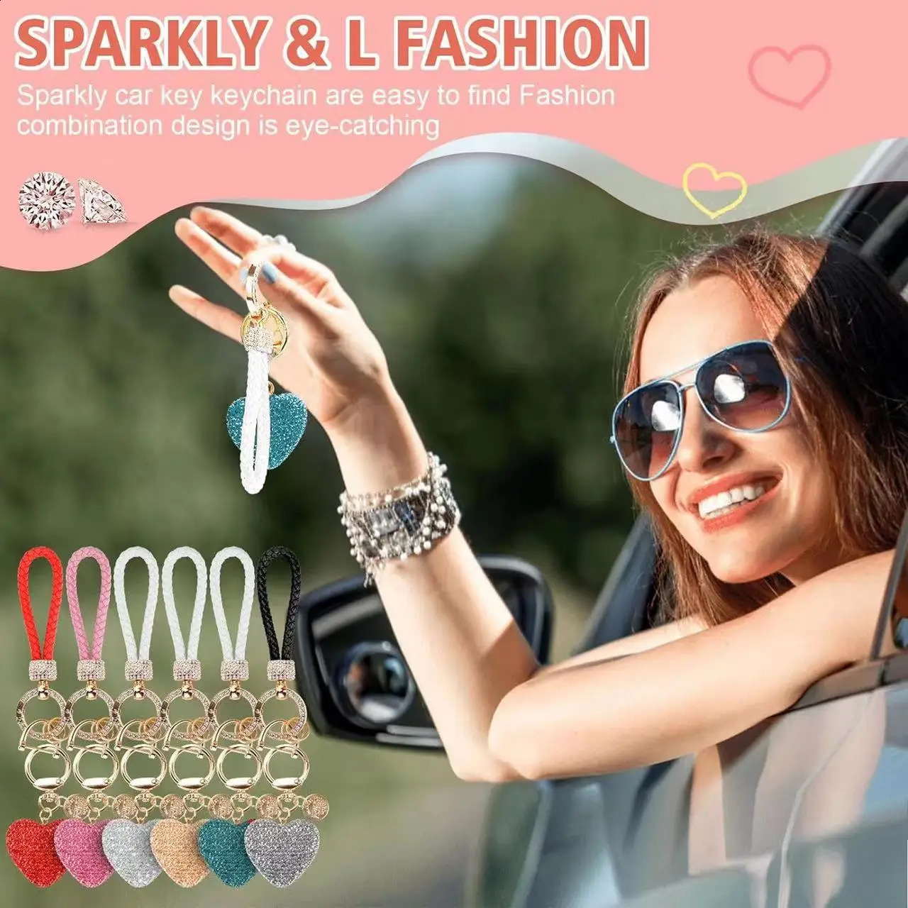 Full diamond love key Chain studded leather rope Heart-shaped Car key chain Female exquisite pendant Car accessories interior 241227