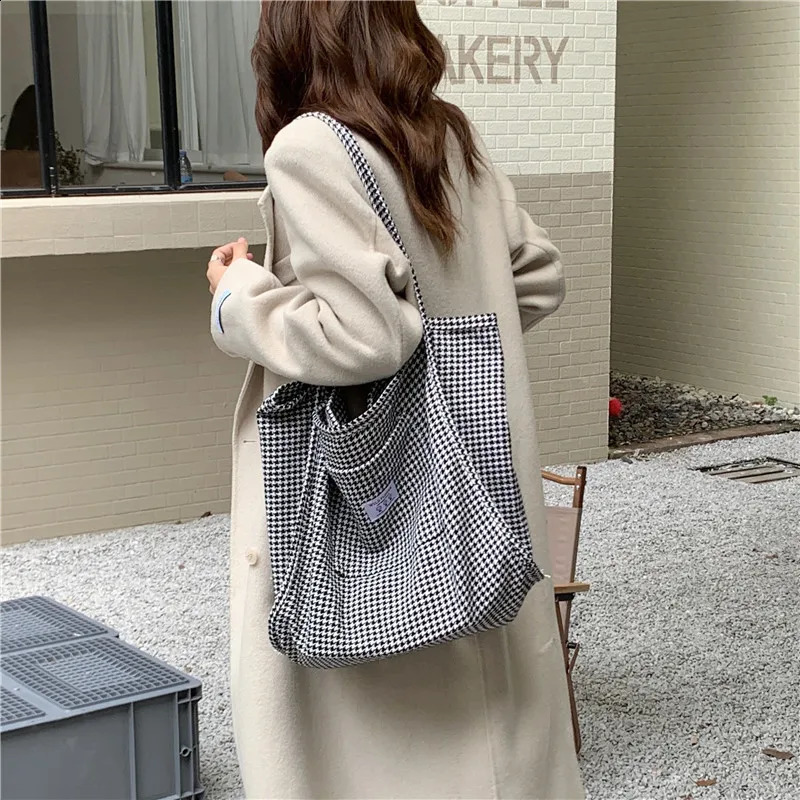 Women Woolen Canvas Bags Houndstooth Pattern Reversible n Female Big Tote Handbag Casual Shoulder Shopping Bag For Ladies 241227