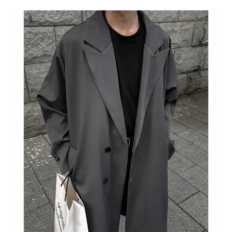 Autumn new Coats loose mid length knee thin windproof machine handsome shoulder pad set mens trench coat jacket W241228