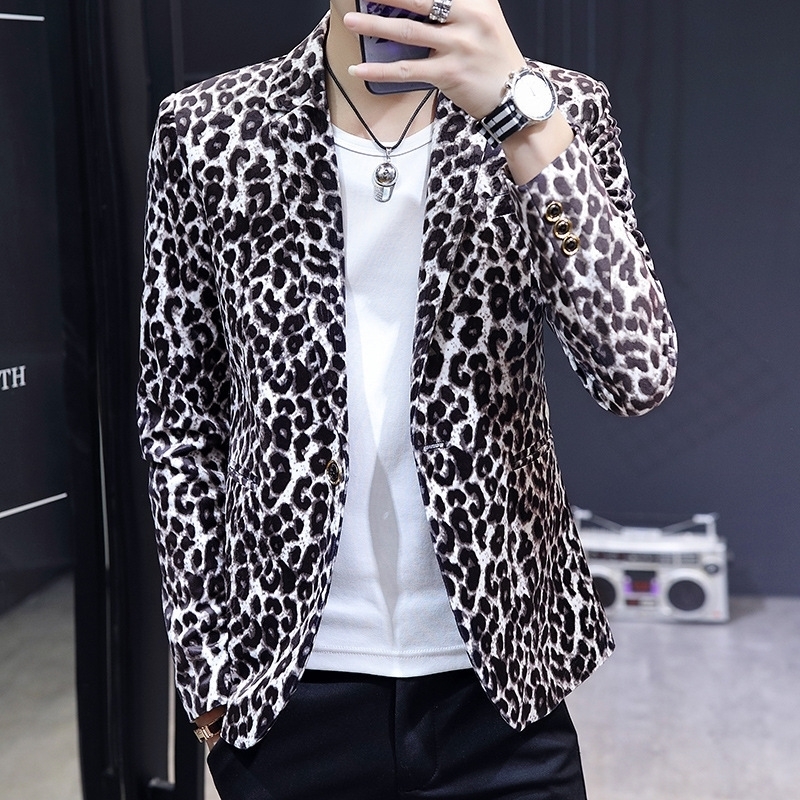 HOO L Mens Casual Thin Handmade Slim Leopard Print Jacket 241227
