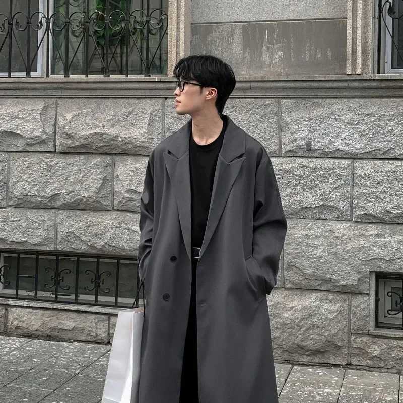 Autumn new Coats loose mid length knee thin windproof machine handsome shoulder pad set mens trench coat jacket W241228