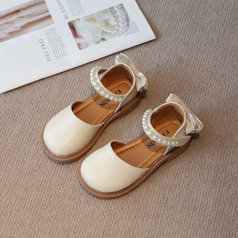 Children Flat Leather Shoes for Girls Fashion Princess 2024 Spring Summer Kids Flats Bowtie on The Back with Pearls Beads Sweet W241228