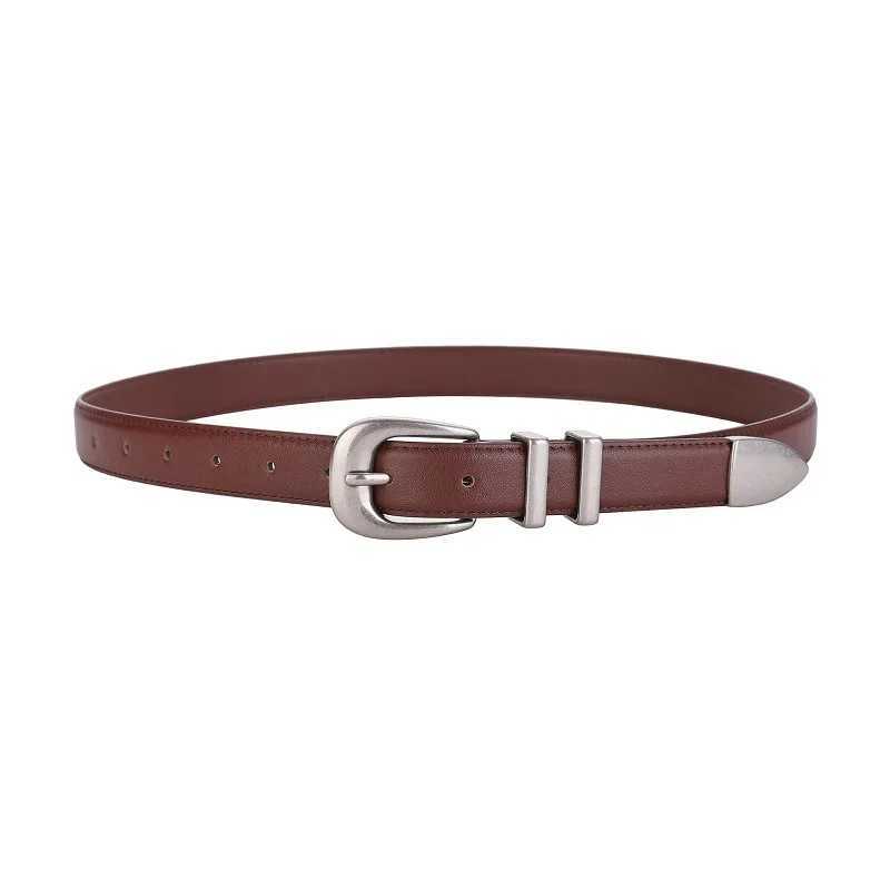 Womens tight strap leather dress strap silver buckle ultra-thin waist belt vintage denim strap W241228