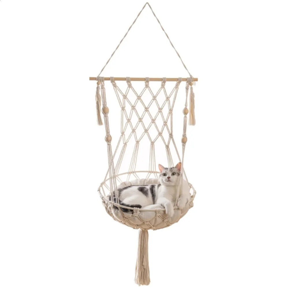 Mewoofun Cat Hammock Handwoven Cat Swing Bed on Wall Hanging Window Perch with Washed Cotton Mat for Indoor Cats 241225