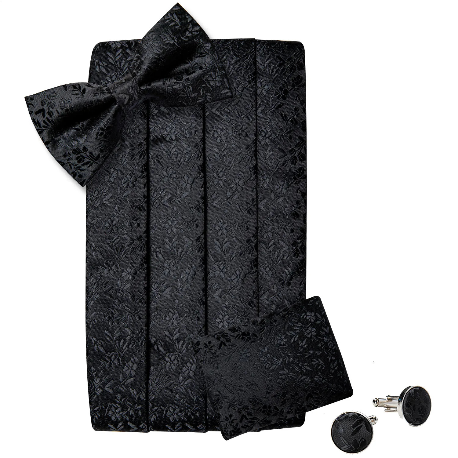 Black Floral Silk Wedding Mens Cummerbunds Bow Tie Brooch Set Tuxedo Formal Wide Belt Ceremonial Belt Elastic Waistband DiBanGu 241227