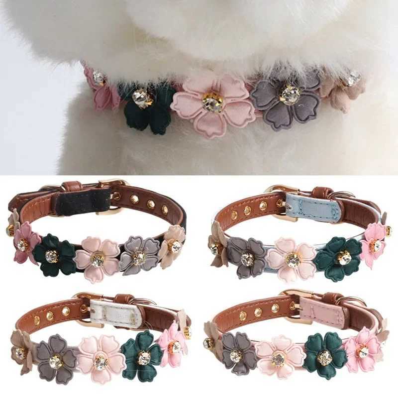 Dog Flower Collar Cute Shiny Diamonds Leather Dogs Necklaces Pet Adjustable Collars For Small Medium Dogs Chihuahua Yorkshire M241228