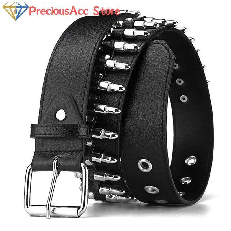 Rivet hollow bullet decorative strip fashionable womens leather stud gift mens Gothic rock wild adjustable womens punk black belt W241228