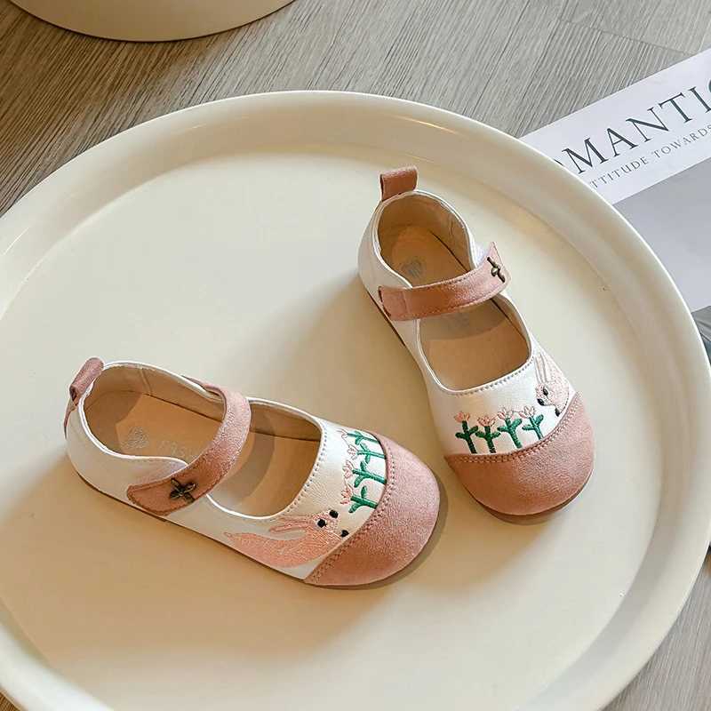 Spring Girls Princess Shoes Embroider Rabbit Cute Children Flat Shoe Patchwork Light Lovely Shallow Daily Kids Mary Janes 23-35 W241228