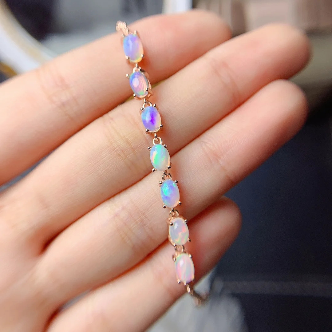 925 Sterling Silver Natural Opal Simple Bracelet Colorful Stone Bracelet Womens Fine Wedding Jewelry 4*6mm 7 Pieces 241227