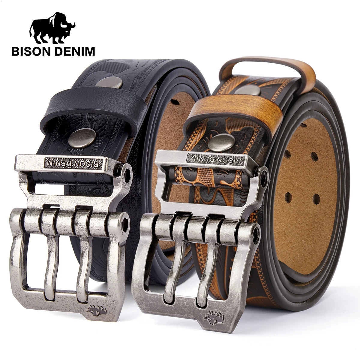 BISON DENIM Mens Belts Cow Split Genuine Leather Pin Buckle Business Waist Straps Retro Pin Buckle Fancy Male Belt For Jeans 241227