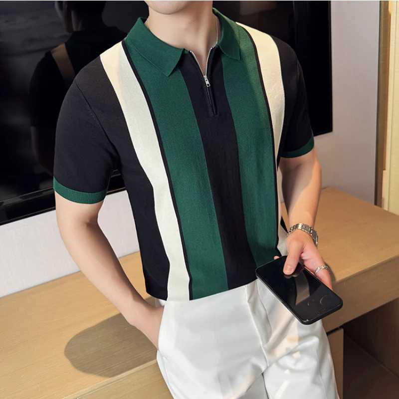 New Style Mens Striped Short-sleeved Knitted shirt Shirts Male Slim Fit Fashion Mens Clothing Base Shirt Tops 4XL-M X241228