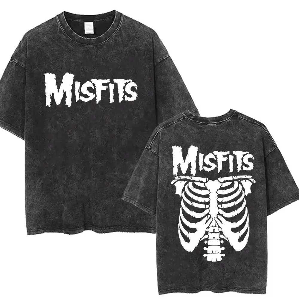 Washed Vintage Hardcore Punk Band Misfits Tshirt Horror Skeleton Graphic T-shirt Men Womens Fashion Casual Oversized T Shirts X241228