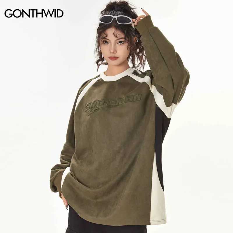 Harajuku Suede Sports Shirt Hip Hop Retro Embroidery Patchwork Long Sleeve Shirts 2023 Fashion American Style Loose Shirt Tops X241228