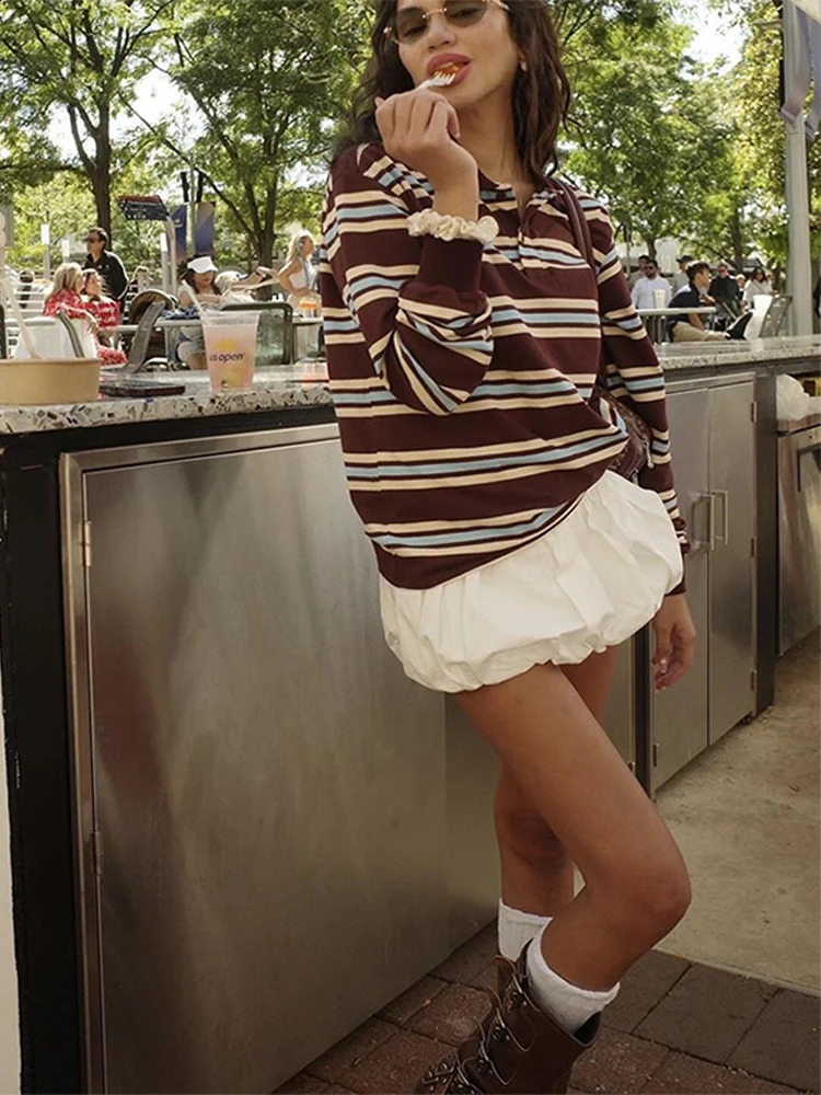 Fashion Stripe Womens T-shirt Casual Long Sleeve Female All Match Polo Shirt Spring Ladies Loose Tops High Street 241228