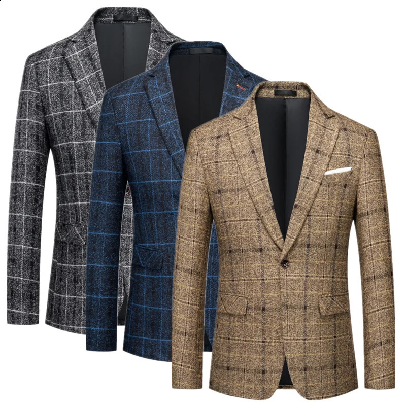 Autumn and Winter Male Cotton Long Sleeve Suit Jacket Black Blue Yellow Fashion Men Business Plaid Coat Slim Fit Dress 241227