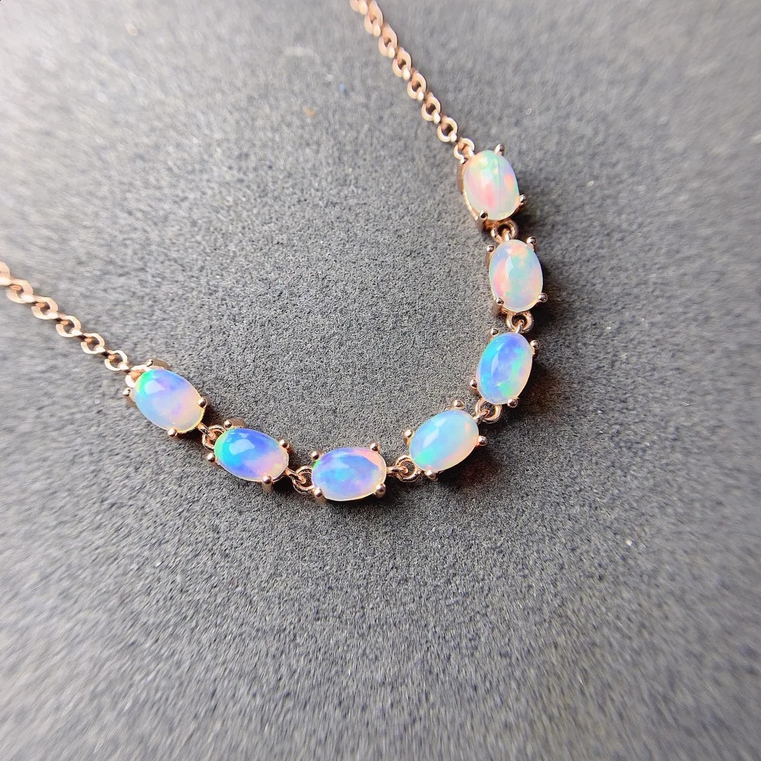 925 Sterling Silver Natural Opal Simple Bracelet Colorful Stone Bracelet Womens Fine Wedding Jewelry 4*6mm 7 Pieces 241227