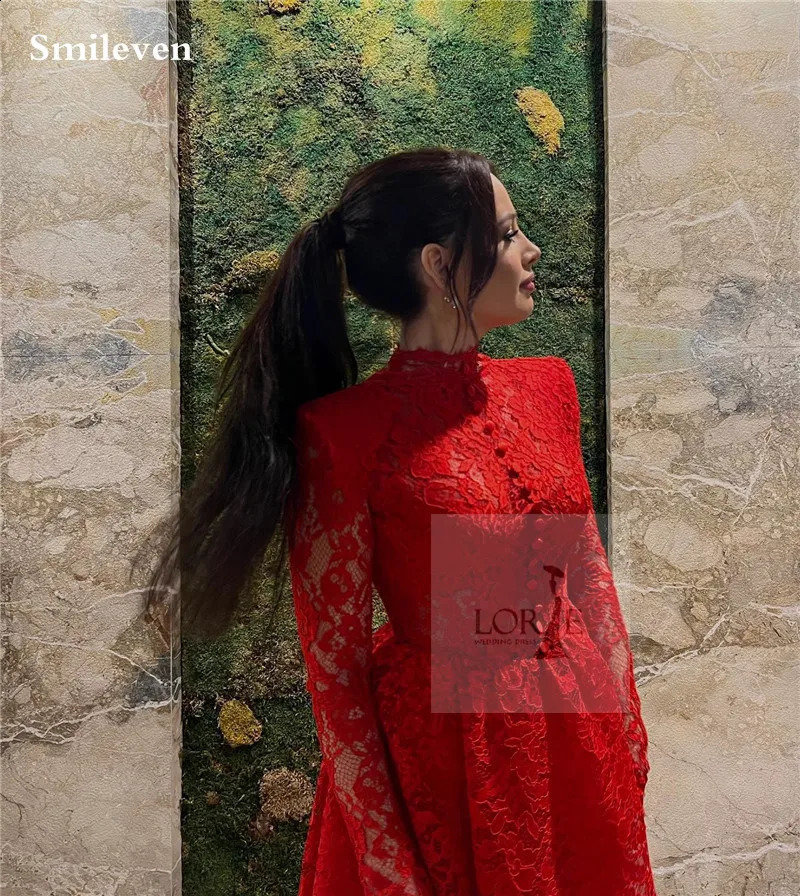 Smileven Lace Mini Red Cocktail Dress Long Sleeve High Neck vestidos de noche Sexy Formal Occasion Dresses Party Gowns 241223