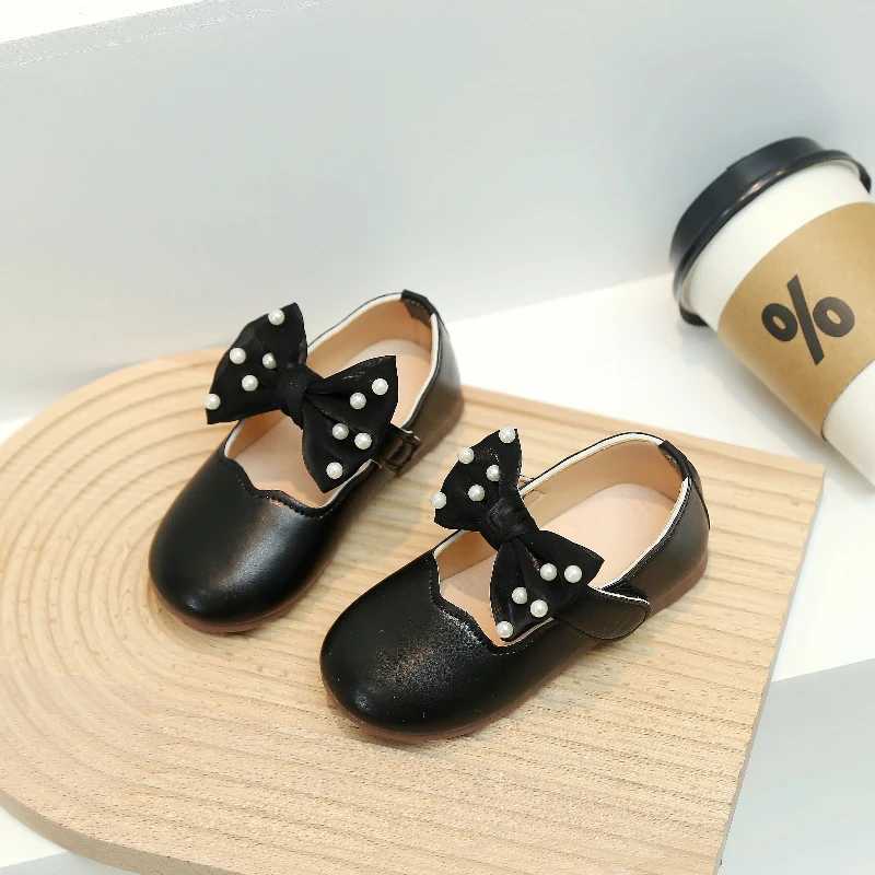Childrens Mary Jens Pearl Bow Solid Color Girl Princess Shoes Light Sweet Unique Anti slip Preschool Flat Shoes 21-30 W241228