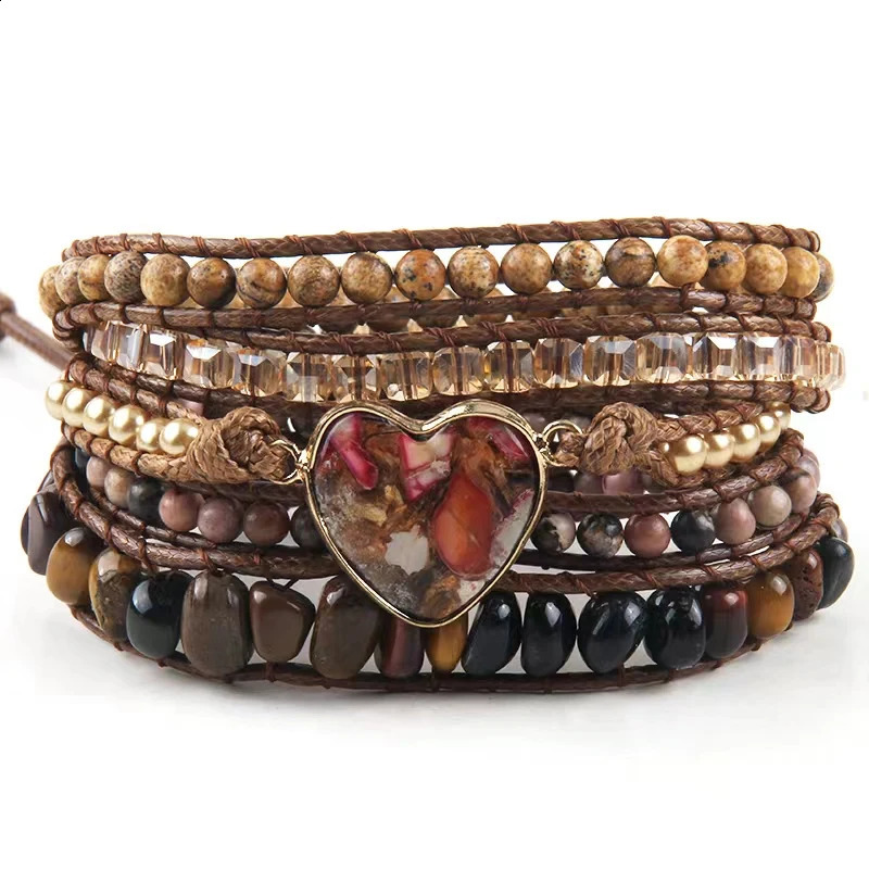 RH Fashion Bohemian Jewelry Women Vegan Boho Bracelet Mixed Natural Stones Heart Charm 5 Strands Wrap Bracelets Drop 241227