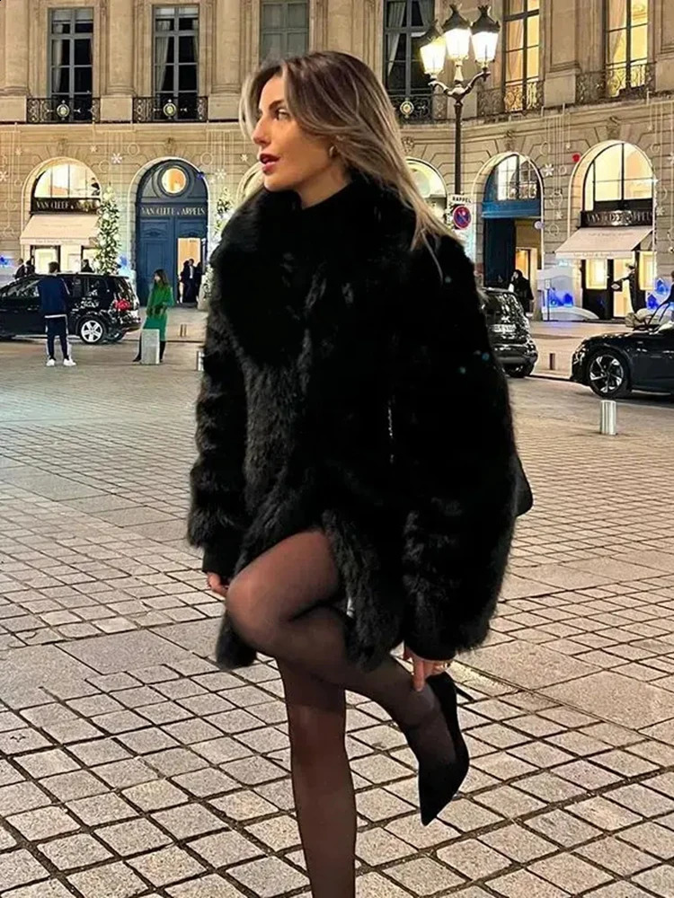 Black Thick Faux Fur Coat Vintage Loose Lapel Singlebreasted Plush Fashion Female Winter Versatile Warm Streetwear 241223