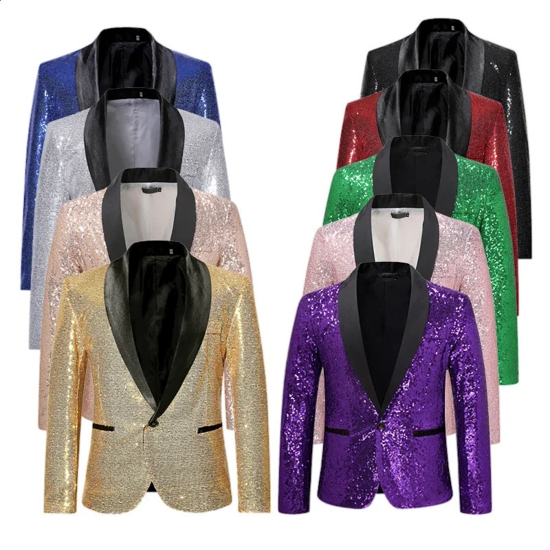 Champagne Gold Performance Mens Jacket Fashion Glitter Set Slim Set Nightclub Host Emcee Studio Coats Mens European Size 241227