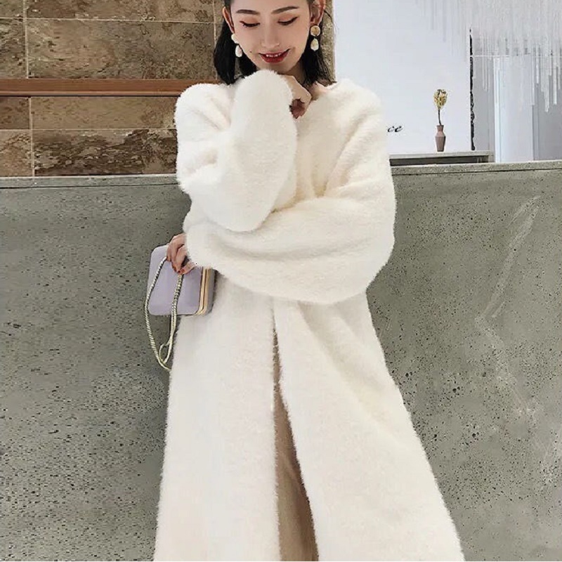 White Long Cardigan For Women New Winter Clothes Knitted Fluffy Long Sleeve Cashmere Sweater Coat Korean Style Warm Vintage