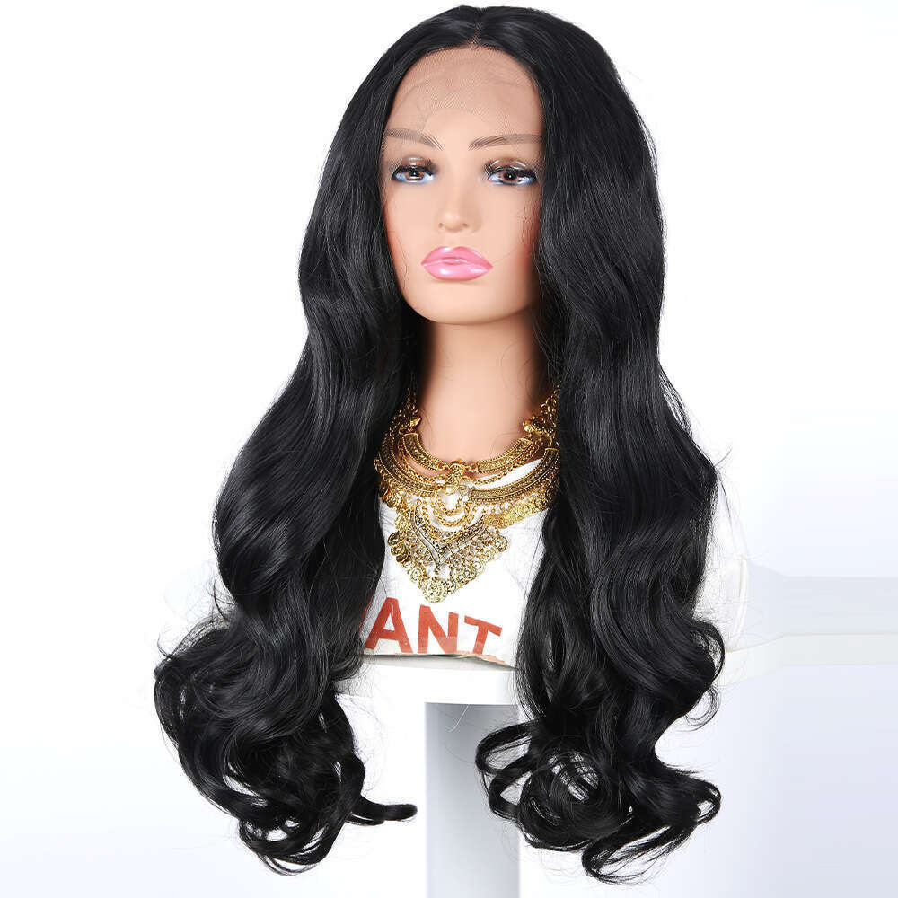 New Women's 13 * 4 Front Lace Synthetic Wig Head Cover Black Medium Split Large Wave Long Curly Hair Kq2 Kq2