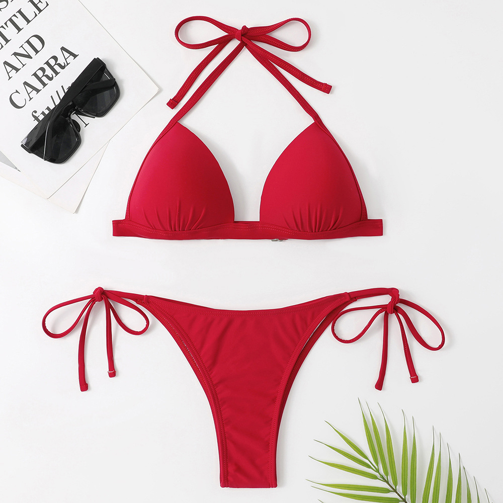 Women's Suspender Sexy Bikini Hard/push Cup Pleated Bottom Solid Color Black/white/red Swimsuit Low Waist Lace Up Brazilian Women's Swimsuit