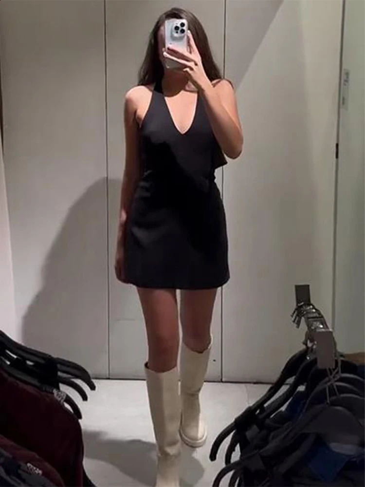 Elegant V Neck Backless Bow Dress Women Lace Up Slim O-neck Sleeveless Short Party Dresses 2024 Solid Straight Lady Robe 241223