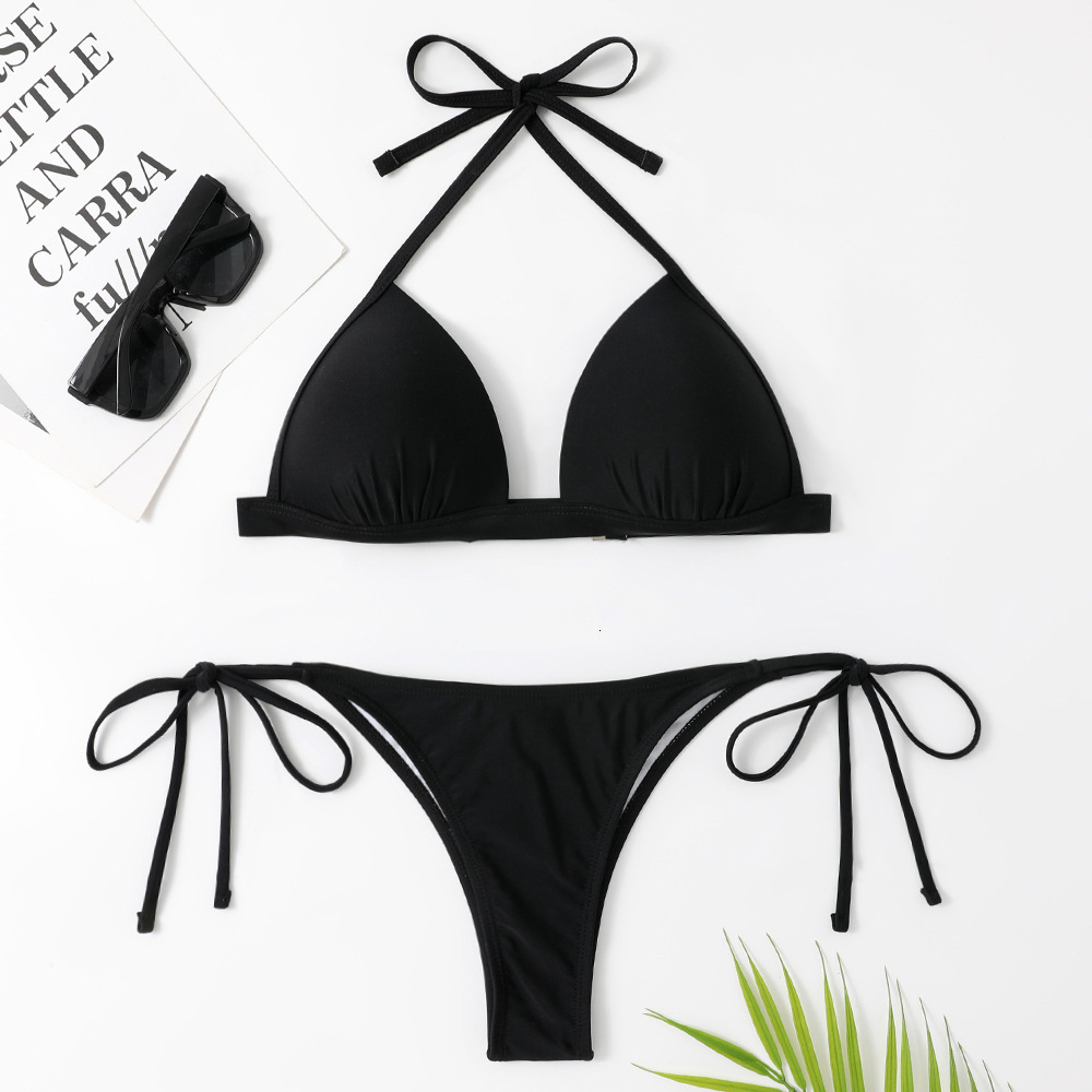 Women's Suspender Sexy Bikini Hard/push Cup Pleated Bottom Solid Color Black/white/red Swimsuit Low Waist Lace Up Brazilian Women's Swimsuit