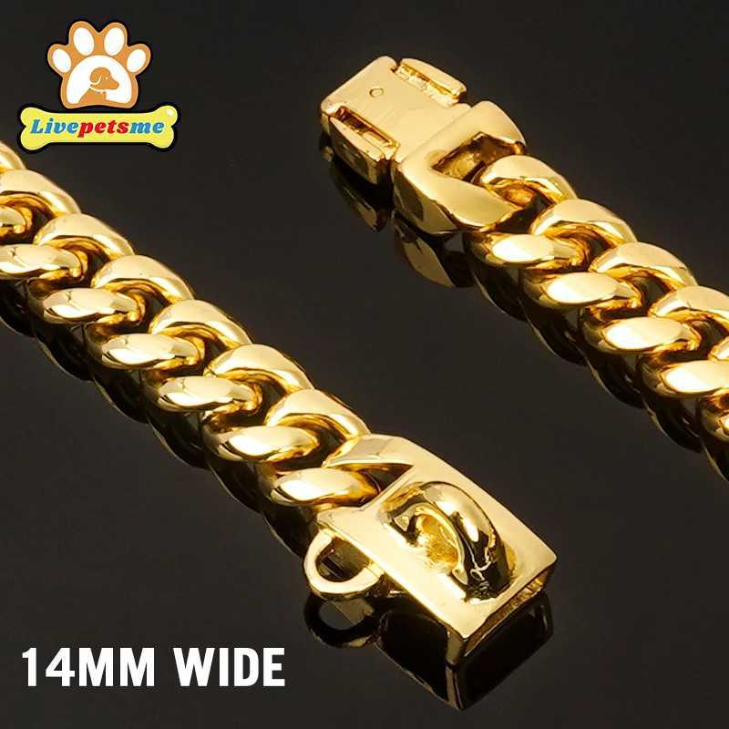 Durable stainless steel dog collar necklace with safety buckle lock gold Cuban chain link pet training collar metal necklace M241228