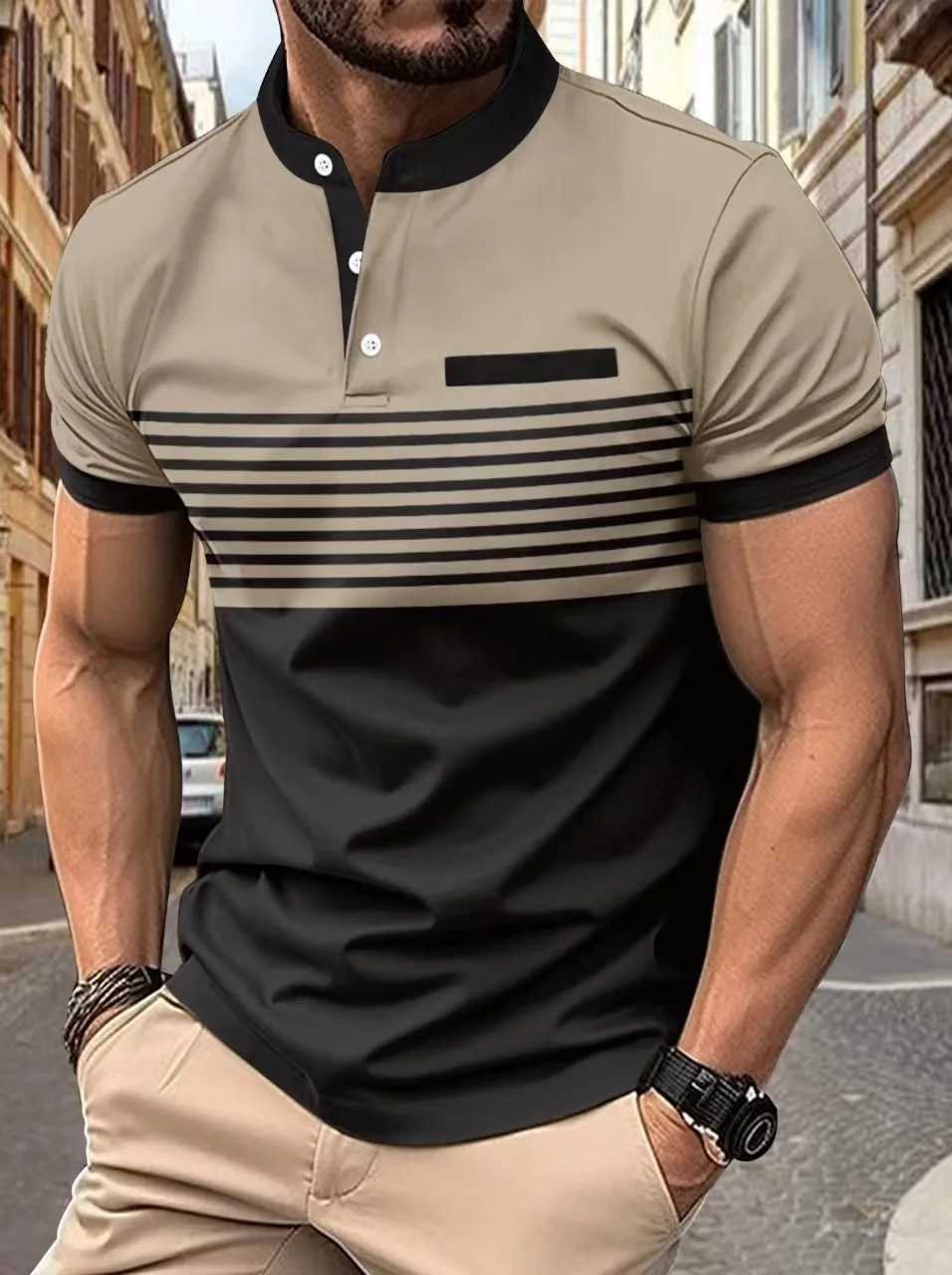 Mens spring and summer new casual short-sleeved shirt3 button horizontal stripe printed stand collar sports shirt shirt top X241228