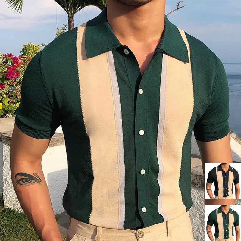 Mens Short Sleeve shirt Shirts Casual Knitted Shirt Mens Slim Striped Business Shirt Blouses Fashion Social Shirts Tee Mens Clothing X241228