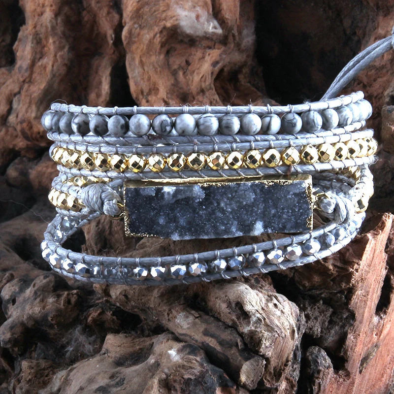 RH Fashion Boho Bracelet Handmade Mixed Natural Stones Druzy Stone Charm 4 Strands Wrap Bracelets Women Gift DropShip 241227