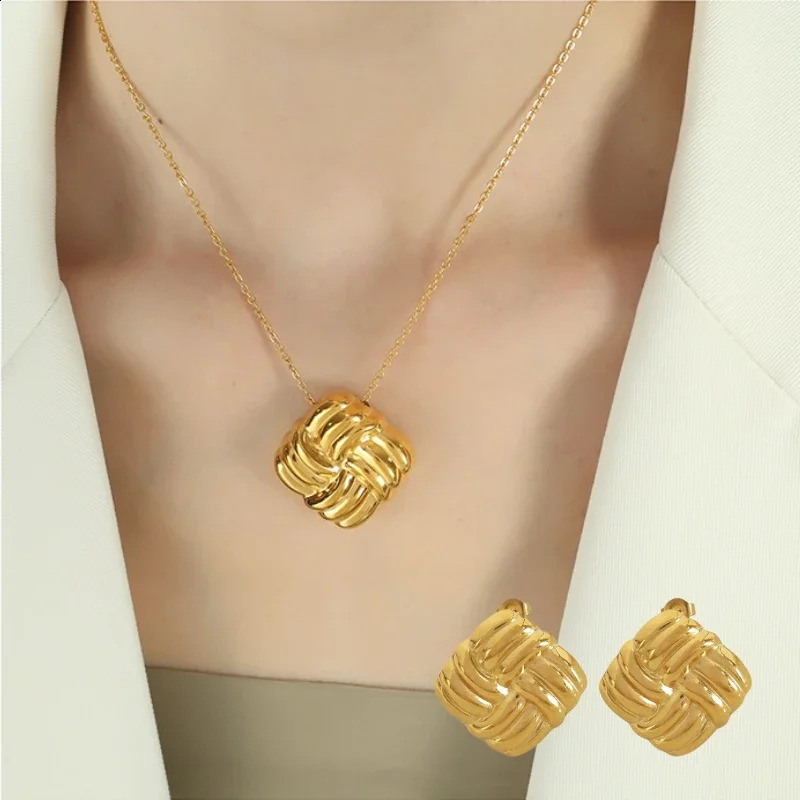 Trendy Stainless Steel Geometric Square Pendant Necklace Earrings Set for Women 18KGold Plated Anti Allergic Jewelry Set Party 241226