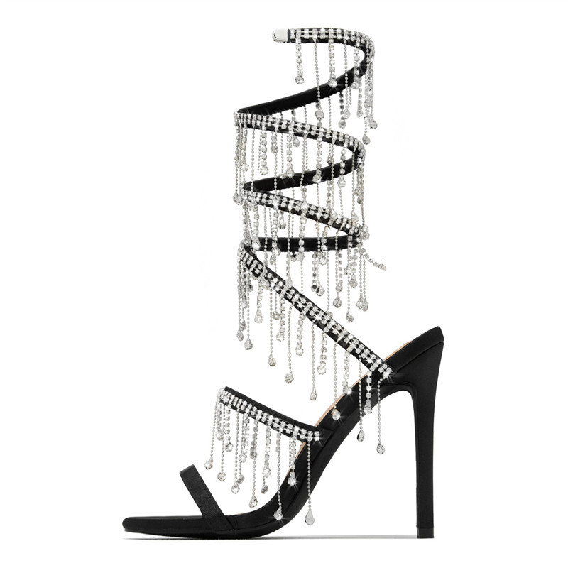 Runway Style Bg Crystal Tassels Snake Coiled Women Sandals Sexy Stiletto High Heels Summer Fashion Party Prom Shoes